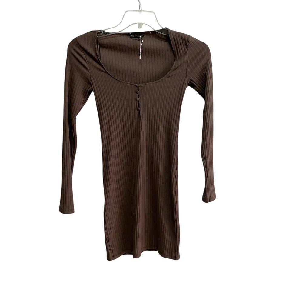 Zara Ribbed Long Sleeve Square Neck Mini Dress Brown Size S‎